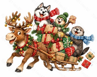 16 Funny North Pole Christmas Animal Clipart, Winter Watercolor JPG, Polar Bear Penguin Reindeer Gifts, Holiday Sublimation,Digital Download