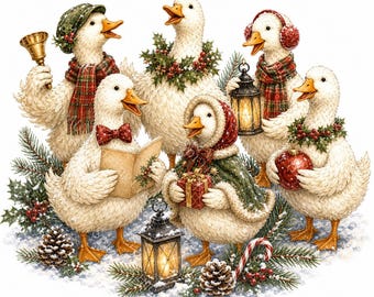16 Cozy Christmas Goose Carolers Clipart, Watercolor Geese Choir, Vintage Holiday Goose Family, Festive Caroling Animals, Digital Download