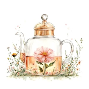 20 Vintage Flowers Teapot Clipart, Tea Party Clipart, Teapot Tea Time, Printable Watercolor, High-Quality JPGs, Paper Craft, Junk Journal
