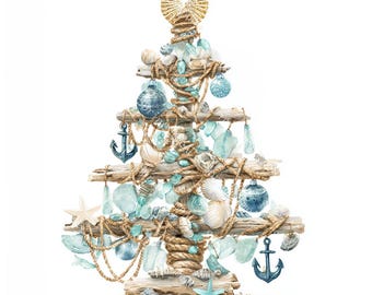 20 imágenes prediseñadas de árboles de Navidad costeros, gráficos navideños, árboles tropicales, acuarela imprimible, PNG/JPG de alta calidad, manualidades de papel, diario basura