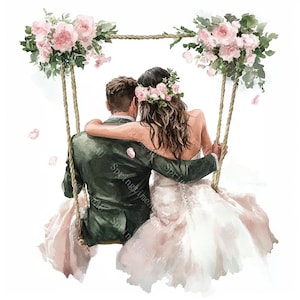 18 Bride and Groom on Swing Clipart, Wedding Clipart, Romantic Wedding Day, Printable Watercolor,High-Quality JPGs, Papercraft, Junk Journal