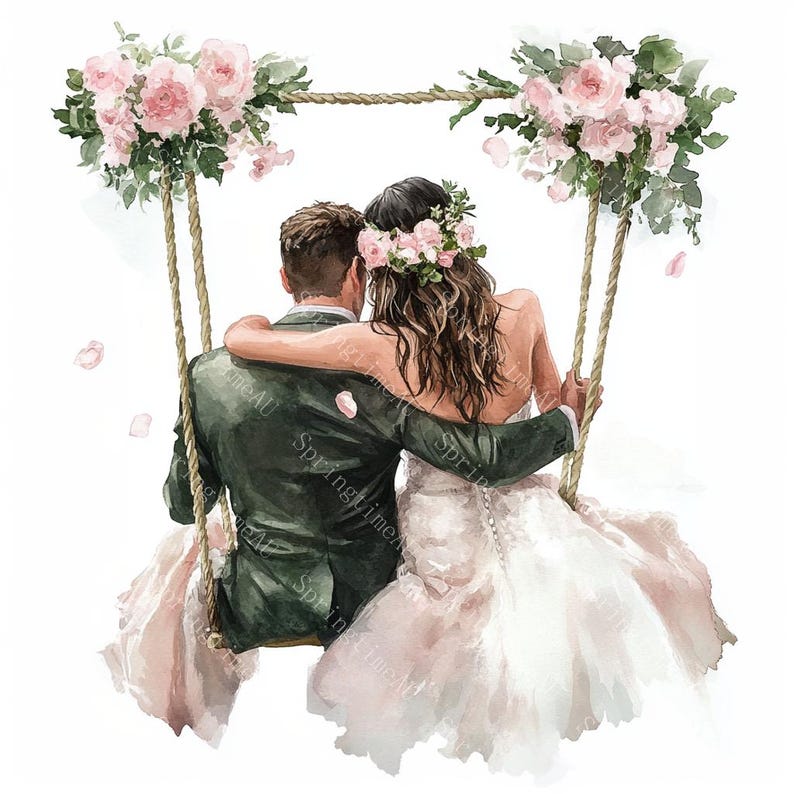 18 Bride and Groom on Swing Clipart, Wedding Clipart, Romantic Wedding Day, Printable Watercolor,High-Quality JPGs, Papercraft, Junk Journal