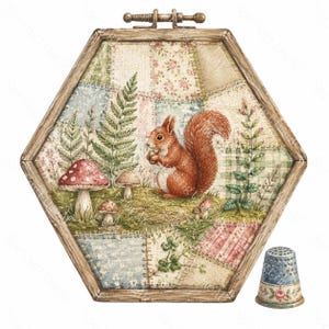 May include: A hexagonal wooden embroidery hoop containing a fabric panel with a patchwork design. The centre features a red squirrel, ferns, and mushrooms on a mossy ground. A metal thimble with a floral pattern sits to the lower right.