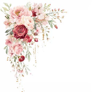 May include: Watercolor floral arrangement featuring a variety of pink and red roses, peonies, and delicate blossoms. Green leaves and gold accents add detail to the design. The arrangement is set against a white background, creating a romantic and elegant aesthetic.