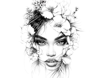 20 Floral Afro Woman Face Clipart, Face Print, African Woman Face, Printable Watercolor,High-Quality JPGs, Paper Craft, Junk Journal