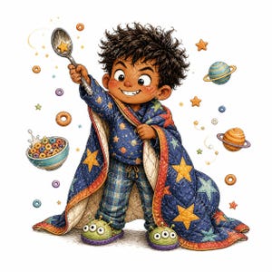 May include: A cartoon child with dark curly hair wears blue space-themed pajamas and a star-patterned quilt. The child holds a spoon with a star-shaped cereal piece, while a bowl of colorful cereal, planets, and small stars float nearby.