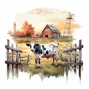 May include: A black and white cow stands in a grassy field with a red barn and a wooden fence in the background. The sky is a soft orange and yellow.