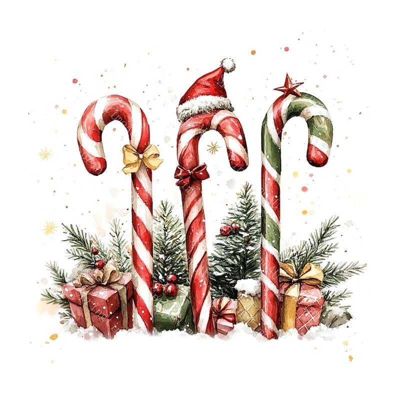 15 Candy Cane Clipart, Watercolor Christmas Sweets, Holiday Crafts, Printable Watercolor, High-Quality JPGs, Paper Craft, Junk Journal