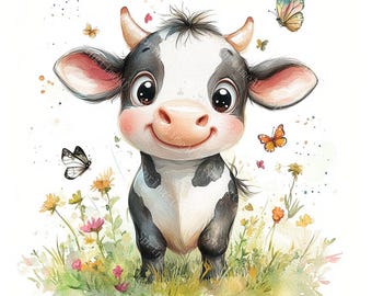 20 Cartoon Cow Clipart, Cute Cow, Cute Animal Art, Farm Animal Clipart, Printable Watercolor, High-Quality JPGs, Paper Craft, Junk Journal