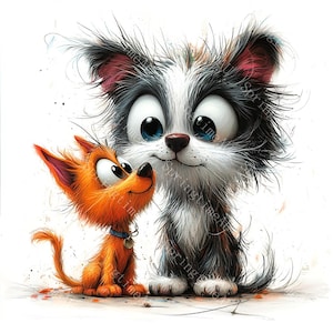 14 eigenzinnige hond en kat clipart, vrienden, gezelschap, vriendschap, afdrukbare aquarel, hoogwaardige JPG's, Paper Craft, Junk Journal