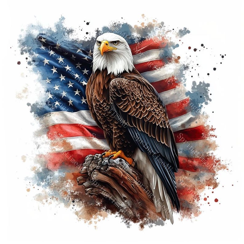20 Patriotic Bald Eagle Clipart, USA Flag, Independence Day, 4th of July, Printable Watercolor, High-Quality JPGs, Papercraft, Junk Journal
