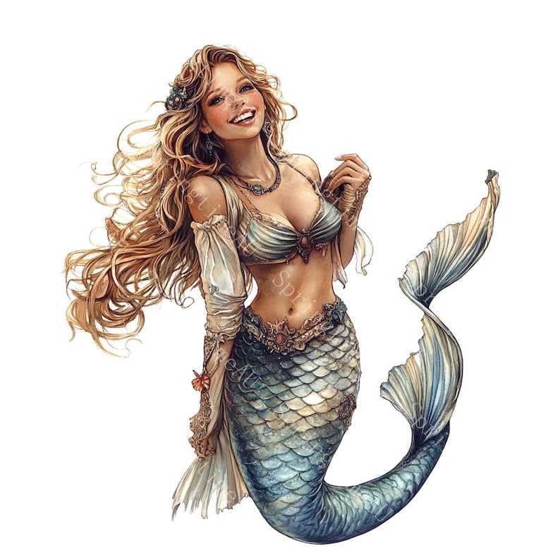 18 Watercolor Mermaid Clipart, Mermaid Tail, Fantasy Animal, Printable Watercolor, High-Quality JPGs, Paper Craft, Junk Journal