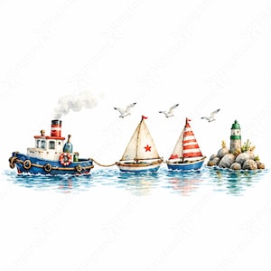 May include: A watercolor illustration featuring a blue tugboat with a red and white striped smokestack pulling two sailboats toward a rocky island with a lighthouse. Three seagulls fly above the boats on the blue water surface.
