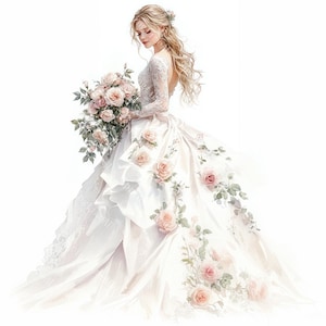 20 Wedding Clipart, Romantic Bride, Wedding Bridal Gown Clipart, Printable Watercolor, High-Quality JPGs, Paper Craft, Junk Journal