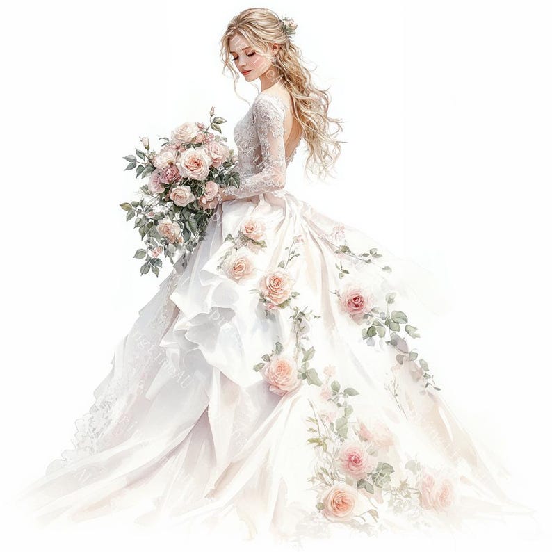 20 Wedding Clipart, Romantic Bride, Wedding Bridal Gown Clipart, Printable Watercolor, High-Quality JPGs, Paper Craft, Junk Journal