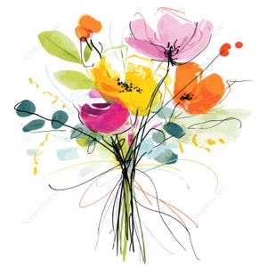 May include: Watercolour painting of a flower bouquet. The bouquet features pink, yellow, and orange blooms with green leaves and stems. The artwork has a loose, expressive style with black line details.