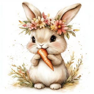 Op de afbeelding: Een schattig cartoon konijn met een bloemenkrans op zijn kop en een wortel in zijn pootjes. Het konijn is bruin en wit met roze wangetjes en grote bruine ogen. De bloemenkrans is gemaakt van roze, gele en oranje bloemen.