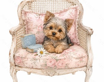 16 Shabby Chic Puppy Reading Nook Clipart, Watercolor JPG, Cute Dogs And Vintage Chairs, Nursery Art, Planner Stickers, Digital Download