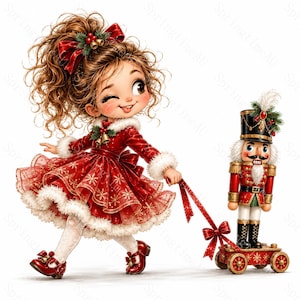 May include: A cartoon illustration of a winking child with curly brown hair wearing a red dress with white fur trim and snowflake patterns, pulling a wooden nutcracker soldier on a red wheeled cart decorated with a red ribbon and bow.