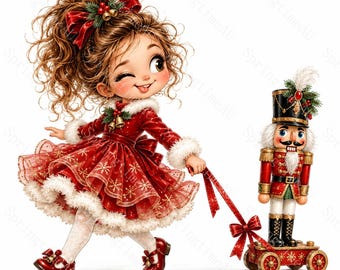 16 Funny Christmas Nutcracker Girl Clipart, Cute Big Eye Watercolor JPG, Holiday Toy Soldier Sublimation, Planner Stickers, Digital Download