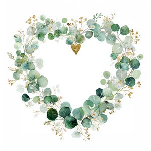 Może przedstawiać: Akwarelowa ilustracja wieńca w kształcie serca wykonanego z zielonych liści eukaliptusa i małych białych kwiatów. Małe złote serce znajduje się w środku. Liście mają efekt akwareli ze złotymi akcentami.