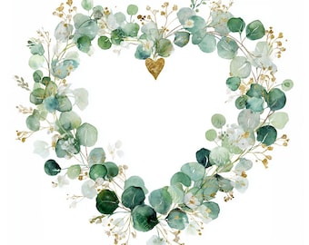 18 Grönt Hjärtformade Krans Clipart, Eukalyptusram, Blommigt Hjärta, Utskrivbar Akvarell, Högkvalitativa PNG/JPG, Papperspyssel, Skräpjournal
