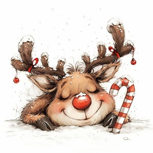 May include: A watercolor illustration of a smiling reindeer with closed eyes, a red nose, and snow-covered antlers. A red and white candy cane rests beside the reindeer. The reindeer is lying in the snow, with a happy expression.