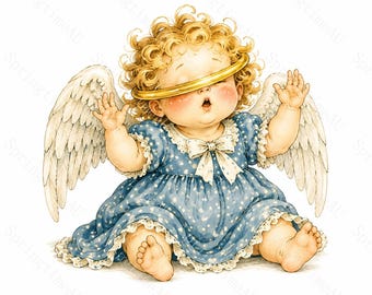 16 Funny Halo Angel Girl Clipart, Cute Cherub Watercolor JPG, Oops My Halo, Nursery Crafts, Planner Stickers, Digital Download