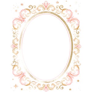 May include: An oval frame featuring intricate gold and soft pink scrollwork patterns. The border is composed of ornate flourishes and swirling lines, accented with small gold star shapes scattered around the perimeter on a plain white background.