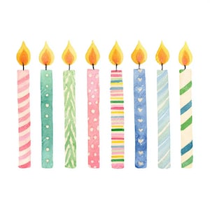 26 Colorful Birthday Candles Clipart, Cute Birthday Candles Card, Printable Watercolor, High-Quality JPGs, Paper Craft, Junk Journal