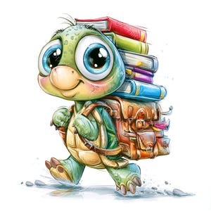 Può includere: Una tartaruga dei cartoni animati con grandi occhi blu e un sorriso amichevole, che trasporta una pila di libri colorati sulla schiena. La tartaruga indossa uno zaino marrone e cammina su una superficie azzurra, suggerendo un tema scolastico o di apprendimento.