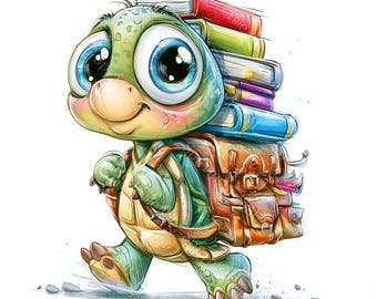 18 Whimsical Student Turtle Clipart, Cute Cartoon Turtle, Back to School, Pencil & Books, Funny School Animal JPG/PNG, Digital Download