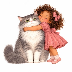May include: A young child with curly brown hair and a pink dress with a bow is hugging a large, fluffy gray and white cat with green eyes. The child wears pink shoes and white socks, while the cat has long fur and a thick, bushy tail.