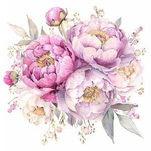 Pode incluir: Uma pintura em aquarela de um buquê de peônias rosa e brancas com folhas e caules verdes. As flores são dispostas em um estilo solto e natural.