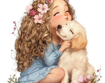 18 Quirky Girl with Dog Clipart, Best Friends Girl with Dog, Dog Lover,Printable Watercolor, High-Quality PNG/JPGs, PaperCraft, Junk Journal