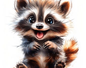 18 Funny Cute Raccoon Clipart, Baby Raccoon Clipart, Raccoon Nursery, Printable Watercolor, High-Quality JPGs, Paper Craft, Junk Journal
