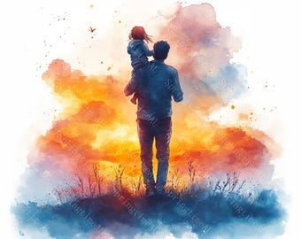 20 imagens para o Dia dos Pais, incluindo imagens de pai e filho, aquarelas para imprimir, JPGs de alta qualidade, para artesanato em papel e diário de arte.