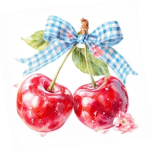 18 Coquette Cherry Bow Clipart, Cherries with Bow, Cute Aesthetic Design, Printable Watercolor, High-Quality JPGs, Paper Craft, Junk Journal