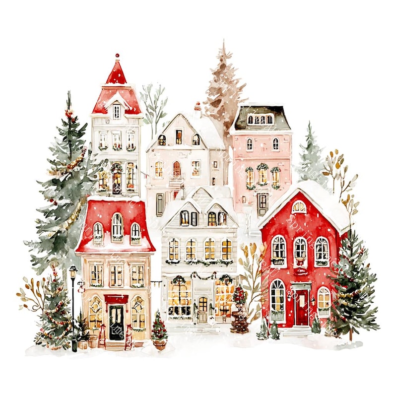 20 Christmas Village Clipart, Christmas Card Art, Printable Watercolor, High-Quality JPGs, Paper Craft, Junk Journal, Digital Download