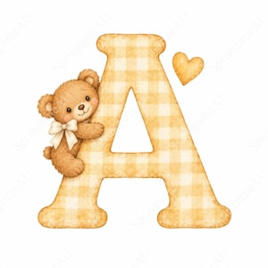May include: A capital letter A with a light yellow and white gingham pattern. A brown teddy bear with a white bow tie is hugging the left side of the letter. A small, light yellow heart is positioned to the right of the top of the letter.