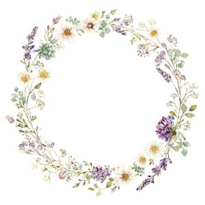 Könnte beinhalten: Aquarell-Blumenkranz mit weißen Gänseblümchen, Lavendelzweigen und grünem Laub. Das kreisförmige Design eignet sich perfekt für Hochzeitseinladungen, Grußkarten oder Wandkunst. Die zarte Anordnung hat eine weiche, natürliche Ästhetik.