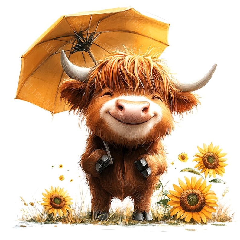 14 Highland Cow Sunflowers Clipart, Baby Highland Cow, Spring Flowers, Printable Watercolor, High-Quality JPGs, Paper Craft, Junk Journal