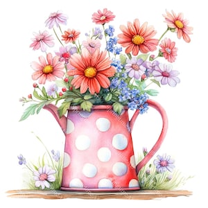 Clipart 14 fleurs sauvages dans la canette d'eau, arrosoir floral, aquarelle imprimable, fichiers JPG de haute qualité, créations en papier, journal indésirable