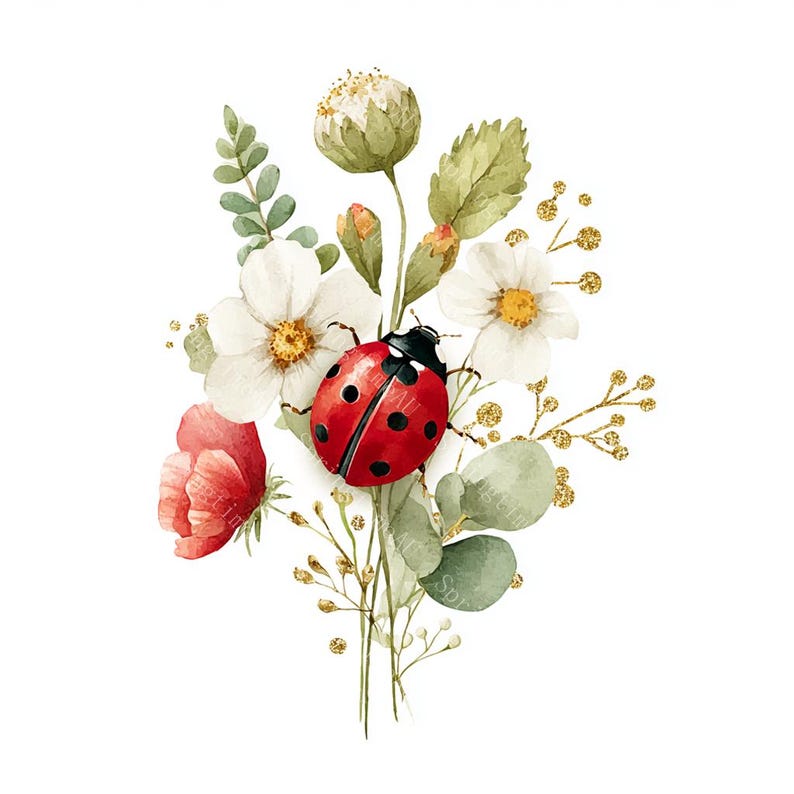 16 Floral Ladybug Clipart, Cute Lady Bug, Spring Art, Printable Watercolor, High-Quality JPGs, Paper Craft, Junk Journal, Digital Download