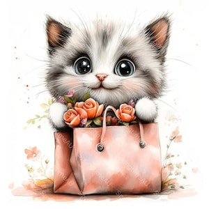 20 wunderliche Kätzchen Clipart, süße Katze in der Tasche, schrulliges Kätzchen, druckbares Aquarell, hochwertige JPGs, PaperCraft, Junk Journal