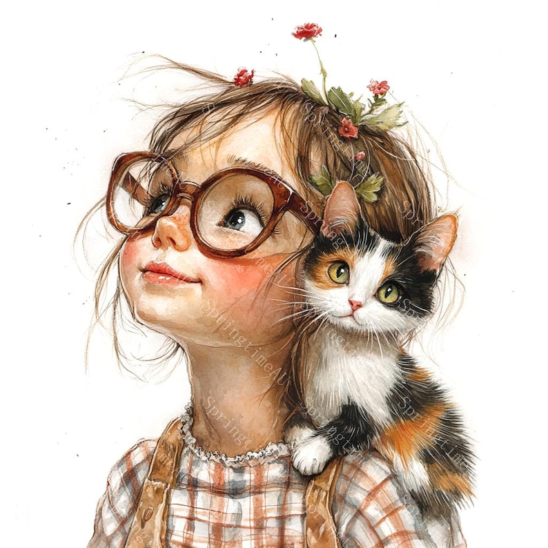 20 Quirky Girl with Cat Clipart, Cat Lover Gift, Cute Baby Girl, Printable Watercolor,High-Quality JPGs, Paper Craft, Junk Journal