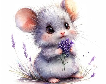 20種類のかわいいネズミと花のクリップアート、花とネズミ、印刷可能な