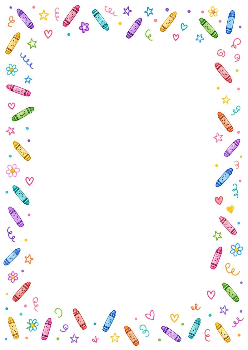 16 Crayon Border Clipart, Printable Classroom Paper JPG, Back To School,  A4 Page, Teacher Worksheet Frames, School Digital Download Kit