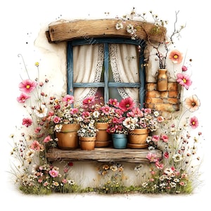 May include: A window with a blue frame and white lace curtains, featuring a wooden ledge holding several terracotta pots filled with pink, white, and red cosmos flowers. A small vase with flowers sits on a brick section next to the window frame.