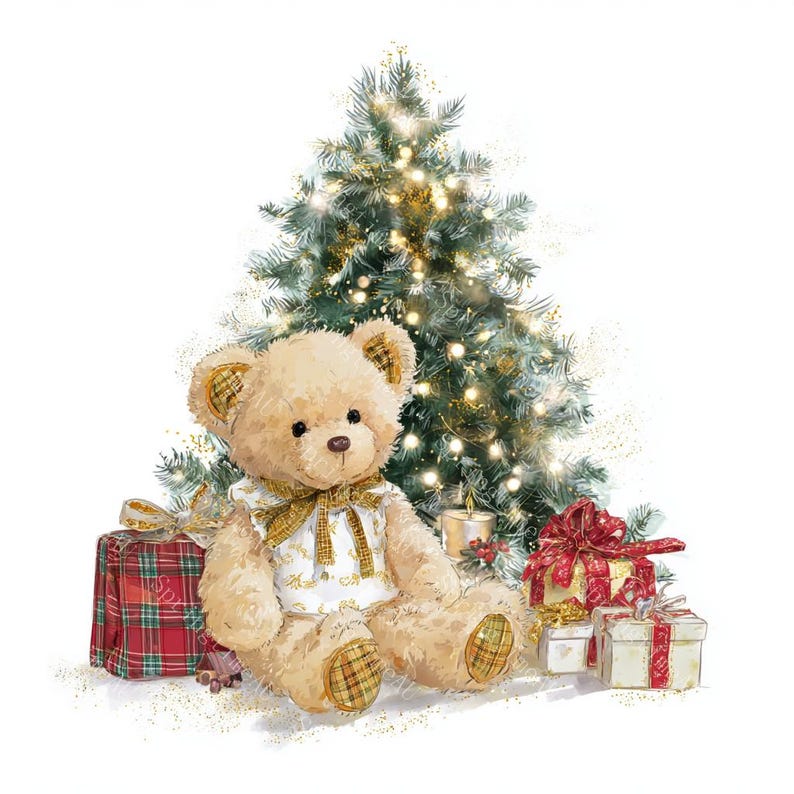 16 Teddy Bear with Christmas Tree Clipart, Baby Bear, Christmas Card, Printable Watercolor, High-Quality PNG/JPGs, Papercraft, Junk Journal
